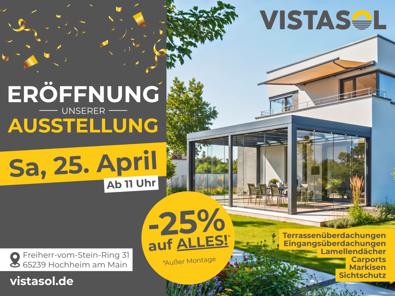 Moderne Terrasse mit Tisch und Stühlen, Rabattanzeige oben rechts.